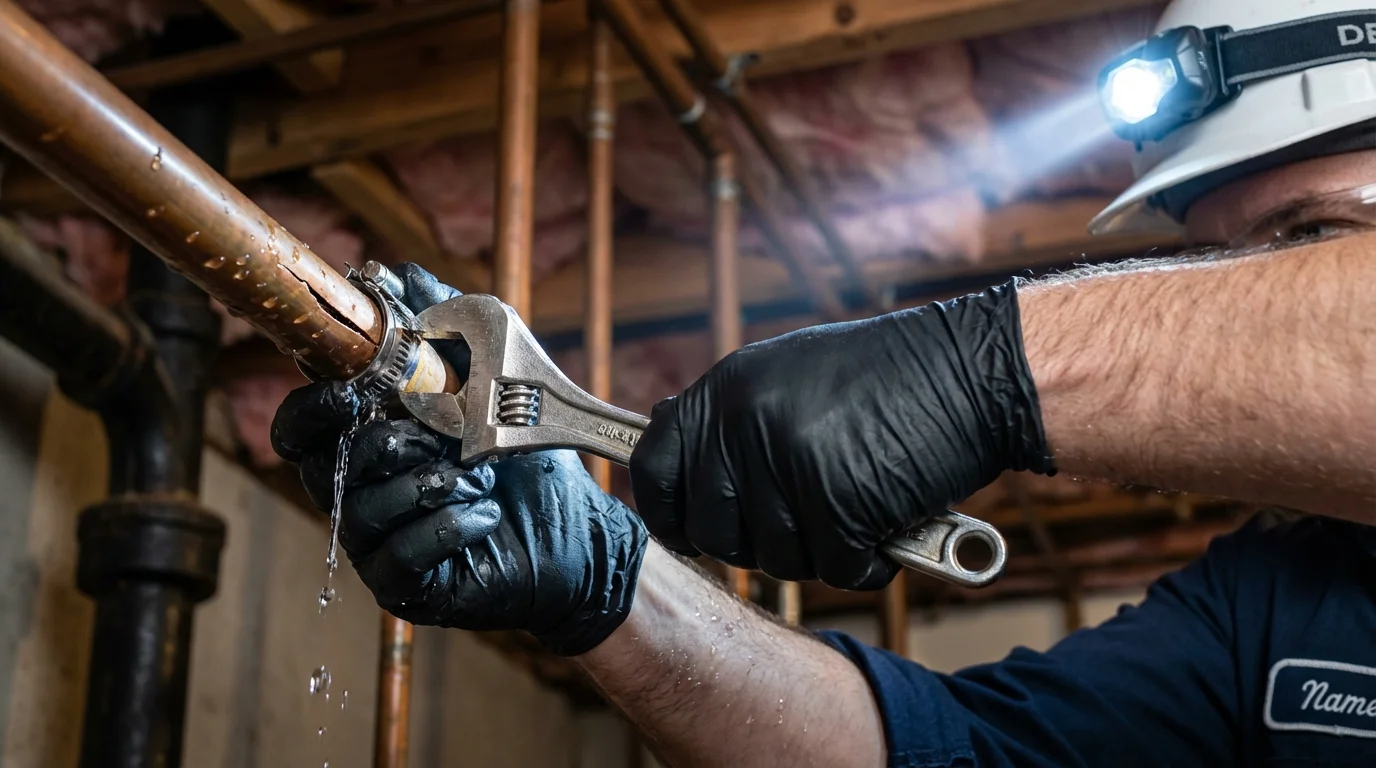 Emergency pipe clamp repair being performed by a Johns Plumbing LLC plumber in Taft