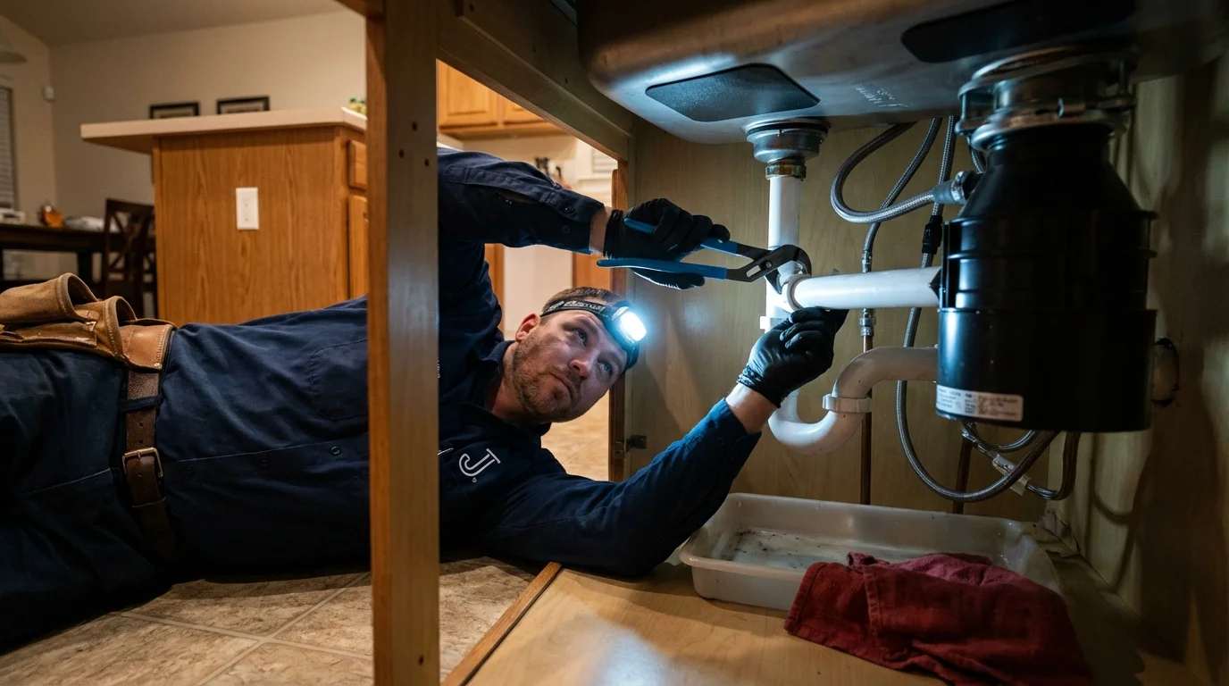 P-trap and supply line connections under a kitchen sink showing a common leak point in Taft, TX